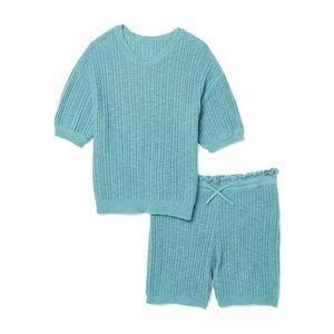 Green  Girls Variegated Rib Sweater T-Shirt and Shorts,